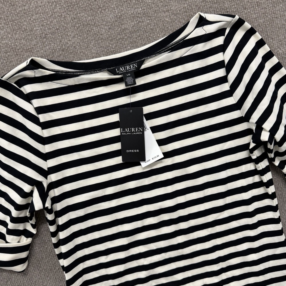 NWT Lauren Ralph Lauren Dress Size L Black White Striped A-Line Dress